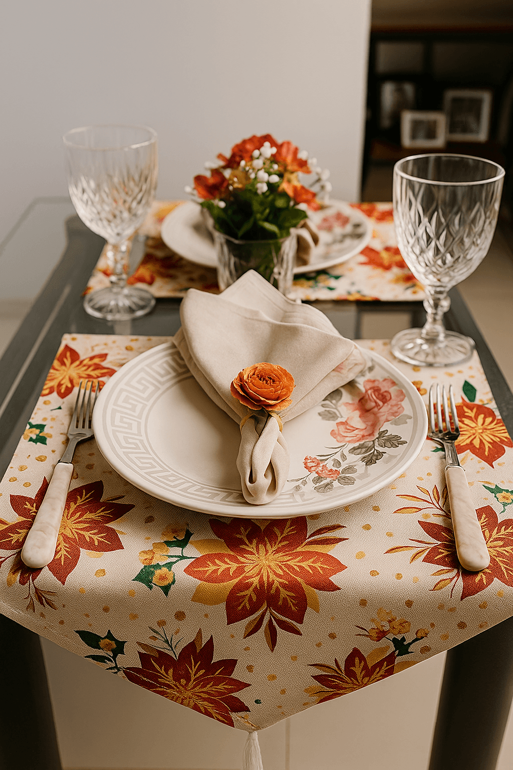 Mesa posta decorada com produtos artesanais do Ateliê Raisa